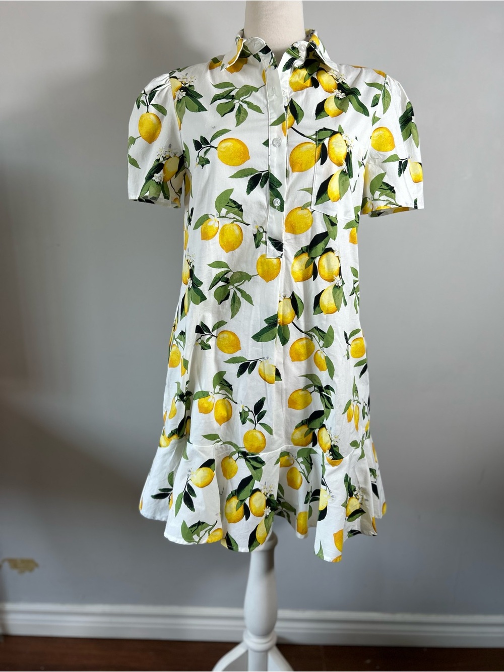 Lemon Print Shirtdress with Pockets Puff Sleeve Ruffle Hem Small / Medium